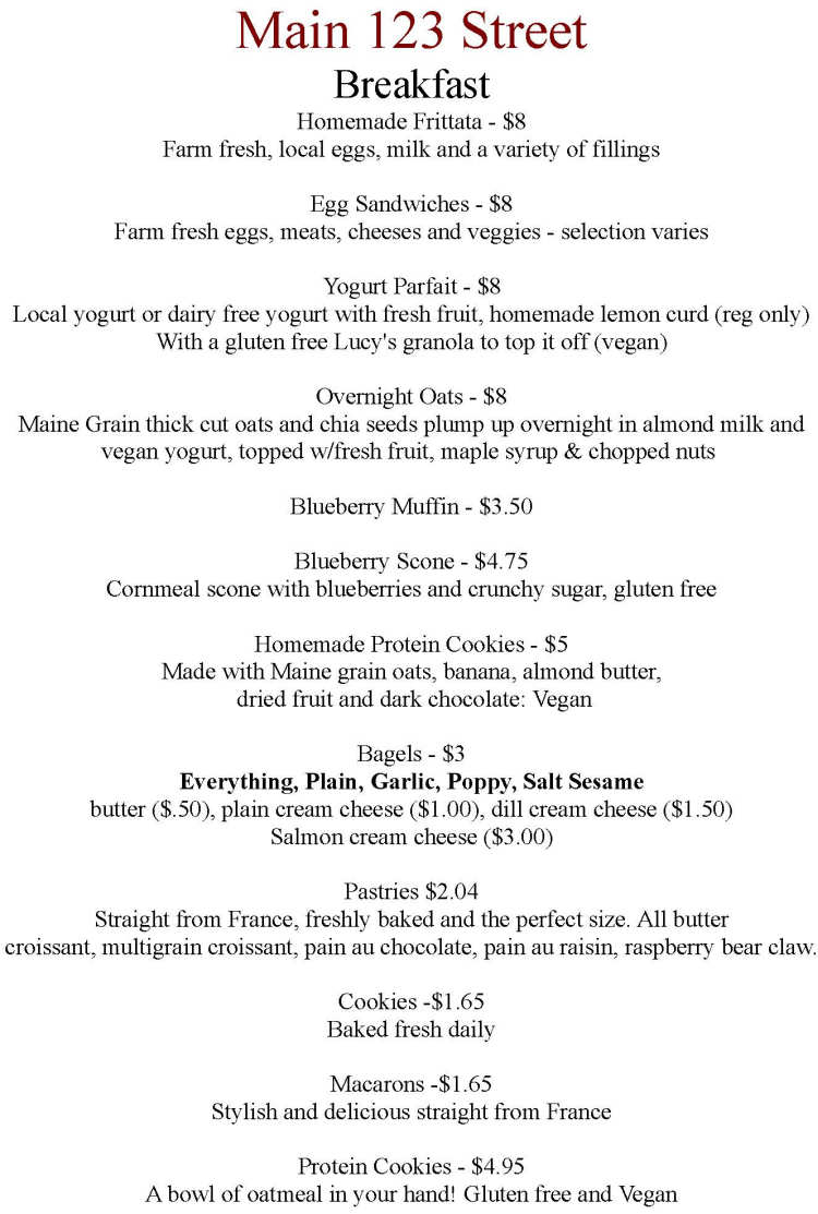 123 Main Street menu page 1